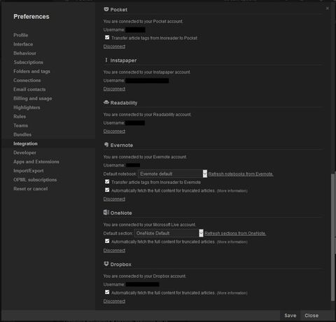 integration preferences in Inoreader